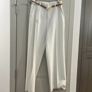 Chic White High-Rise Tailored Pants – Front Seam Crease – Includes Belt – Small